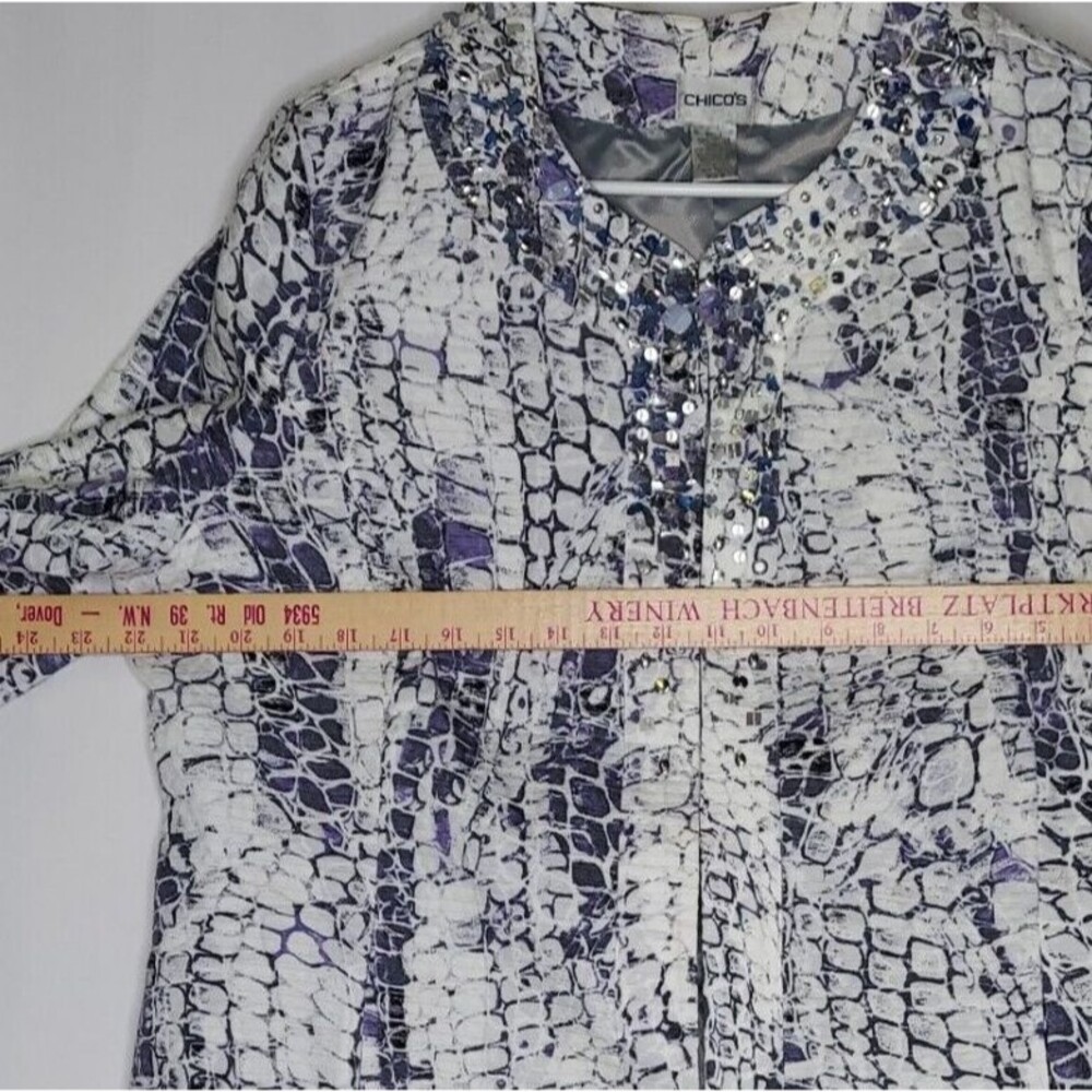 Chicos Blazer Jacket XL Purple White Cotton Textured Beaded Pocket 3/4 Hook-Eye - Picture 6 of 8